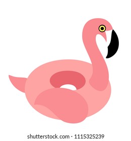 Vector illustration EPS 10: inflatable swimming accessory pink rubber Flamingo with black beak and pink wing and tale in flat style isolated on white background.
