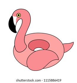 Vector illustration EPS 10: inflatable swimming accessory pink rubber Flamingo with black beak, rosy wing and tale in flat style isolated on white background.
