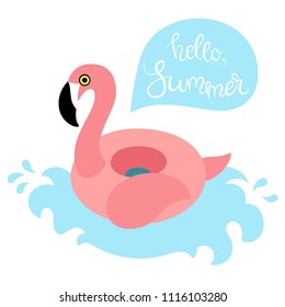 Vector Illustration EPS 10: Inflatable Swimming Accessory Pink Rubber Flamingo With Black Beak And Pink Wing And Tale On Blue Wave In Flat Style With Lettering In Bubble Speach On White Background.