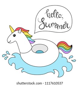 Vector illustration EPS 10: inflatable swimming accessory white rubber Unicorn with rainbow mane and tale in cartoon style with wave and calligraphic inscription isolated on white background.
