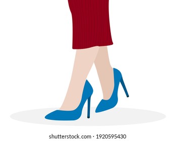 Vector illustration eps 10. Long slender legs in a red skirt with blue high heels. Fashionable woman in the office. Cute stylish girl and lady.