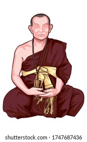 Ilustración vectorial EPS 10 monjes en la religión Buda. Cierra los ojos y medita en el suelo. 