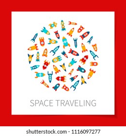 Vector illustration EPS 10: red rocket ship flat icon fly in circle shape isolated on white background with red borders. Project start up and development process. Innovation product and management.