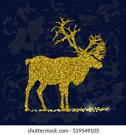 Vector illustration EPS 10. Reindeer with big horns. Gold glittering confetti seamless pattern