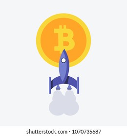 Vector illustration. EPS 10. Rocket, spaceship and bitcoin icon color. Rocket ship bitcoin is flying. Rocket bitcoin logo. Rocket bitcoin image
