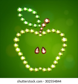 Vector illustration EPS 10. Rosh hashanah - jewish new year holiday greeting symbol - apple contour made of olive, brown and green crystals isolated on green background