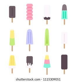 Vector illustration EPS 10: set of 16 flat ice cream,
fruit ice and frozen yogurt icons with wooden sticks in pastel colors isolated on white background.