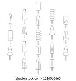Vector illustration EPS 10: set of 19 linear ice cream
fruit ice and frozen yogurt icons with wooden sticks in black and white colors isolated on white background.