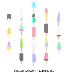 Vector illustration EPS 10: set of 19 flat ice cream,
fruit ice and frozen yogurt icons with wooden sticks in pastel colors isolated on white background.