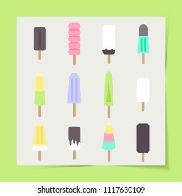 Vector illustration EPS 10: set of 16 flat ice cream, eskimo pie, 
fruit ice and frozen yogurt icons with wooden sticks in pastel colors isolated on light grey background with pistachio borders.