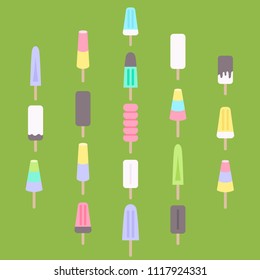 Vector illustration EPS 10: set of 19 flat ice cream, eskimo pie, 
fruit ice and frozen yogurt icons with wooden sticks in pastel colors isolated on green background.