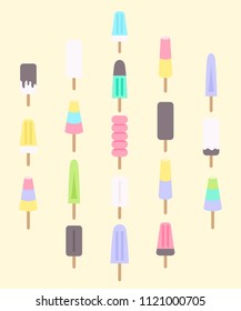 Vector illustration EPS 10: set of 19 flat ice cream, eskimo pie, 
fruit ice and frozen yogurt icons with wooden sticks in pastel colors isolated on light yellow background.