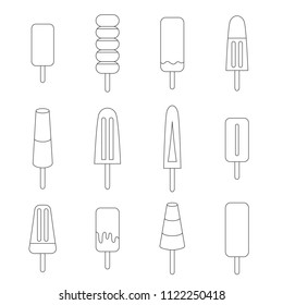 Vector illustration EPS 10: set of 16 linear ice cream, 
fruit ice and frozen yogurt icons with wooden sticks in black and white colors isolated on white background.