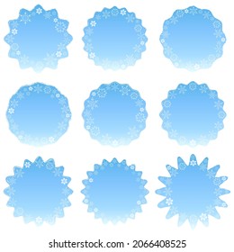 Vector illustration EPS 10. Set of round grunge blue winter gradient stickers with jagged rough edges, white snowflakes. Place for text. For the design of banners, websites, New Year, Christmas cards
