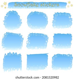 Vector illustration EPS 10. Set of abstract grunge blue winter gradient stickers with uneven wavy edges, white snowflakes. Place for text. For the design of banner, website, New Year, Christmas cards