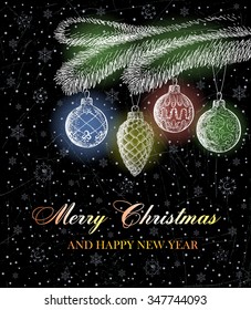 Vector illustration EPS 10. Vector sketch of fir branch with Christmas balls. Merry Christmas And Happy New Year! New Year's wishes. Christmas vintage postcard. Christmas holiday. New year's holiday. 