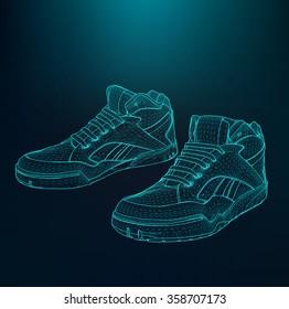 Vector illustration eps 10 of Sport shoes for running. Scope of lines and dots. Molecular lattice. The structural grid of polygons