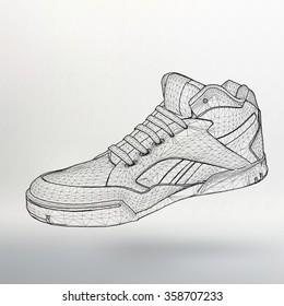 Vector illustration eps 10 of Sport shoes for running. Scope of lines and dots. Molecular lattice. The structural grid of polygons