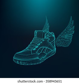 Ilustración vectorial 10 zapatos deportivos para correr. Alcance de líneas y puntos. Entramado molecular. Cuadrícula estructural de polígonos.