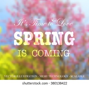 Vector illustration EPS 10. Spring is coming. Ecology label. Spring flowering. Blossoming. Pink spring flowers on a tree. Blurred background. Spring blurred background. Mesh blurred background.