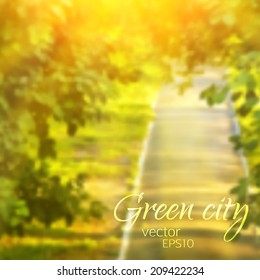 vector illustration EPS 10. straight road in a park surrounded by branches and leaves of trees. summer park blurred background