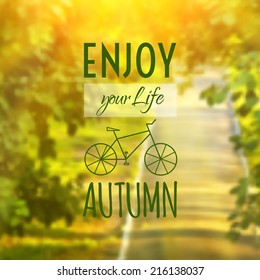 vector illustration EPS 10. straight road in a park surrounded by branches and leaves of trees. Autumn blurred background