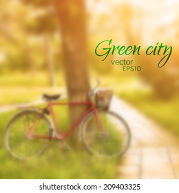 vector illustration EPS 10. Vintage bicycle waiting near tree in the park. blurred outdoor background