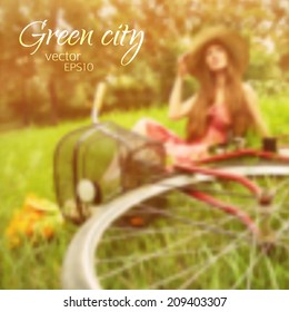 vector illustration EPS 10. young woman in a hat with a bike sitting in the park . Active people. Outdoors