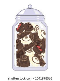 a vector illustration in eps 8 format of a glass jar full of custom made chocolates on a white background