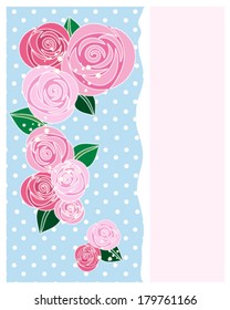 a vector illustration in eps 8 format of a pink rose greeting card design on a blue background with white polka dots