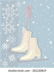 a vector illustration in eps 8 format of a pair of vintage ice skates with dusky pink laces on a snowy abstract background