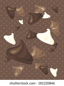a vector illustration in eps 8 format of a delicious dark milk and white chocolate chips scattered on a dotty background