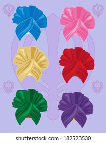 a vector illustration in eps 8 format of colorful bhangra style turbans with sikh symbol on a lilac background