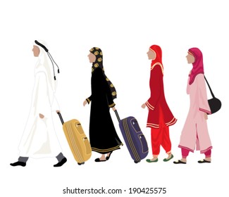 a vector illustration in eps 8 format of arab people dressed in traditional clothing walking along with luggage on a white background