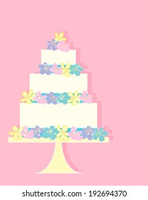 a vector illustration in eps 8 format of a colorful greeting card with a celebration cake decorated in jade purple yellow and pink flowers with space for text