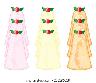 a vector illustration in eps 8 format of rows of english madeleine cakes in different flavors with glace cherry and angekica leaf decoration