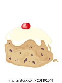 a vector illustration in eps 8 format of a delicious fruity iced bun baked with raisins and topped with creamy white frosting and a glace cherry for decoration