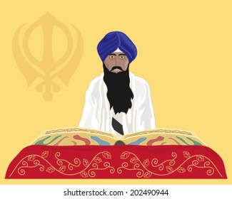 a vector illustration in eps 8 format of a granthi narrator of the Sikh faith reading from the holy book sri guru granth sahib ji with mustard background and Sikh emblem