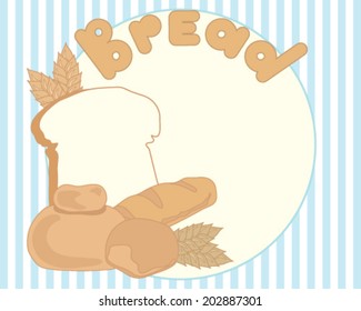 a vector illustration in eps 8 format of a kitchen note card with bread loaves and slice with ears of wheat and space for text on a striped background
