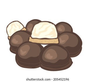 a vector illustration in eps 8 format of a stack of chocolate covered marshmallow biscuits with one halved on a white background