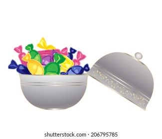 A Vector Illustration In Eps 8 Format Of A Fancy Silver Bowl Full Of Colorful Wrapped Sweets On A White Background