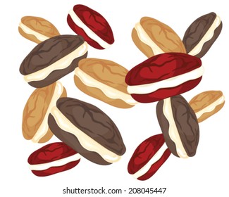 a vector illustration in eps 8 format of a whoopie pie design in chocolate red velvet and vanilla flavors on a white background