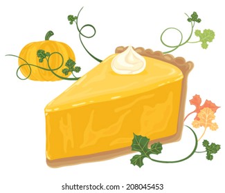 a vector illustration in eps 8 format of a piece of pumpkin pie with a cream swirl vines foliage and whole pumpkin on a white background