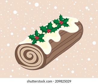 a vector illustration in eps 8 format of a christmas chocolate yule log with cream swirl frosting and holly decoration on a snowy background