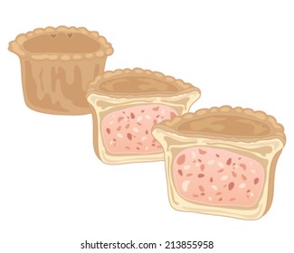 a vector illustration in eps 8 format of crusty pork pies one cut in half on a white background