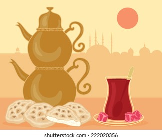 a vector illustration in eps 8 format of turkish tea and flat breads with fancy copper teapot and warm sunny background
