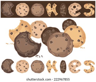 a vector illustration in eps 8 format of an abstract cookie background with delicious chocolate chip cookies on white