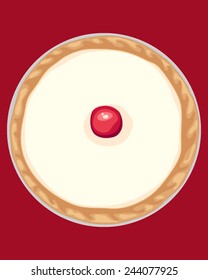 a vector illustration in eps 8 format of an individual bakewell tart with red cherry fondant white icing and golden pastry in a foil wrapping on a red background