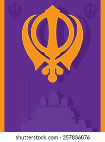 a vector illustration in eps 8 format of a religious sikh greeting card with military emblem and gurdwara in purple and saffron colors with space for text
