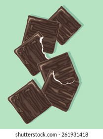 a vector illustration in eps 8 format of thin chocolate after dinner mints in a scatter design with bite marks on a mint green background